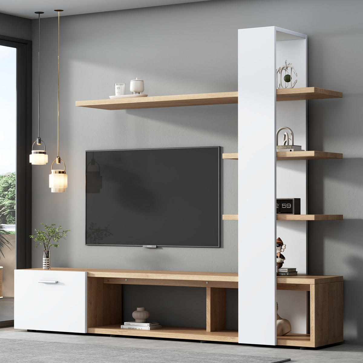 TV-WANDSCHRANK mit Regalen 180 x 33,5 x 151,5 cm Weiß/Wood - Weiß, Holzwerkstoff (33.5/151.5/180cm) - Beauniv
