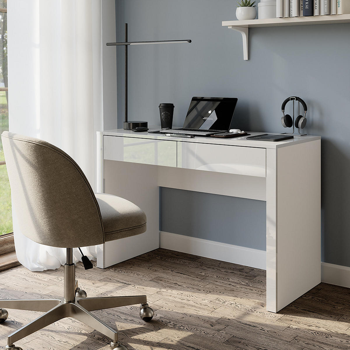 SCHREIBTISCH Annabelle Weiß Hochglanz/Weiß 110 x 50 cm mit 2 Schubladen - Weiß Hochglanz/Weiß, Holzwerkstoff (50/110/75.5cm) - Vicco