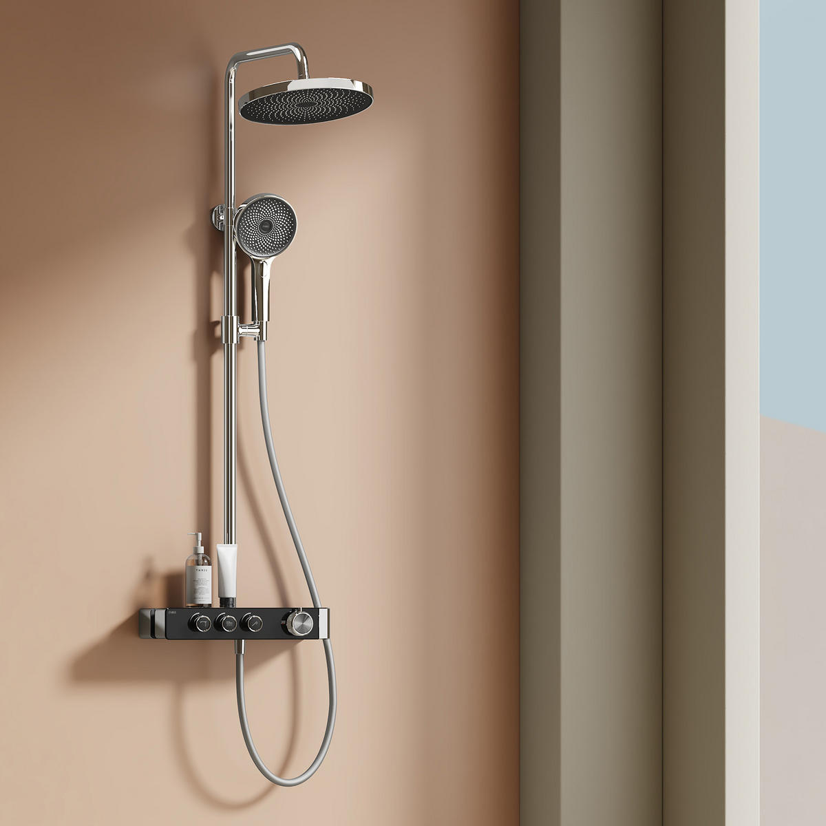 ÜBERKOPFBRAUSESET mit Thermostat Runde Überkopfbrause Vielseitig Chrom - Chromfarben, Metall (35.5/110/40cm) - EMKE