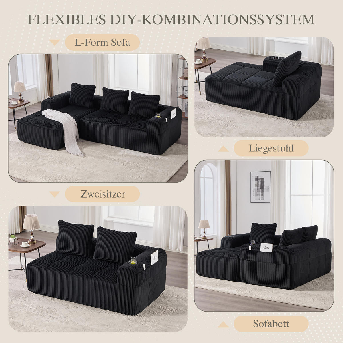 KOMPAKTSOFA Cord mit modularer DIY-Kombination Seitentaschen und Becherhalter 253/158/61 cm Schwarz - Schwarz, Textil (158/253cm) - Redom