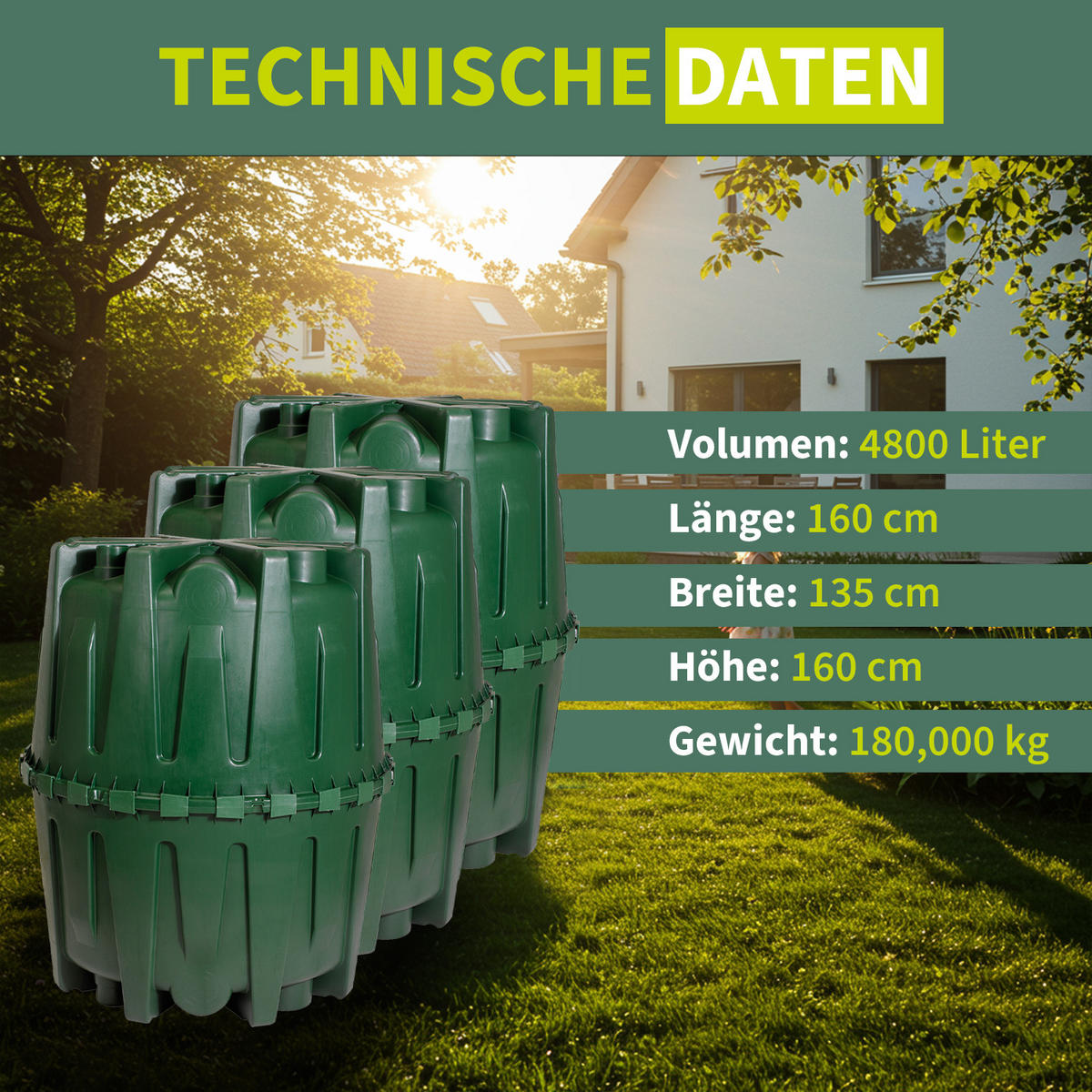 REGENWASSERTANK-SET 4800 L - Dunkelgrün, Kunststoff (135/113/135cm) - 4rain