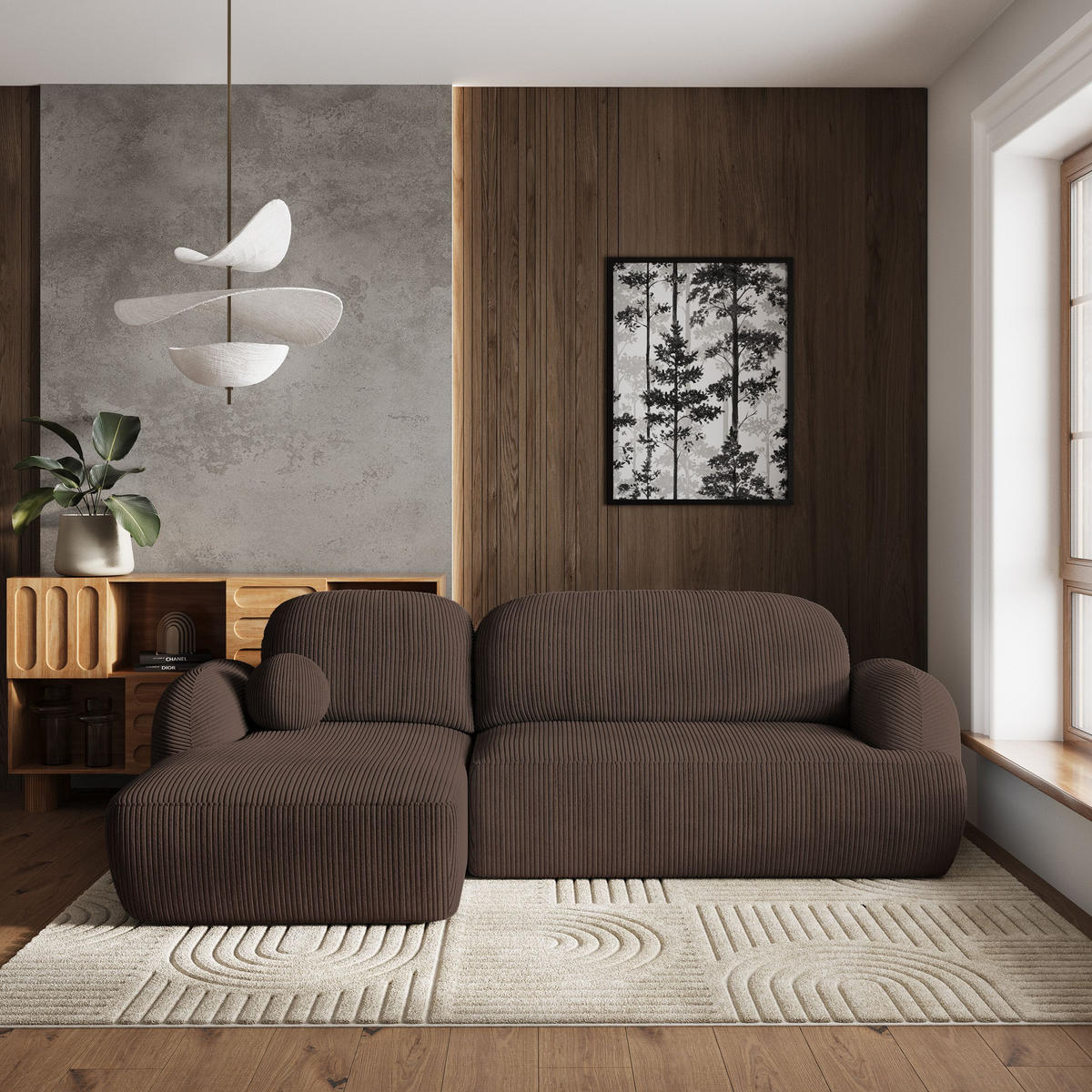 ECKSOFA MODENZA P L-S Braun Kordstoff mit Schlaffunktion - Schwarz/Braun, Holz/Kunststoff (266/148cm) - MASSENO