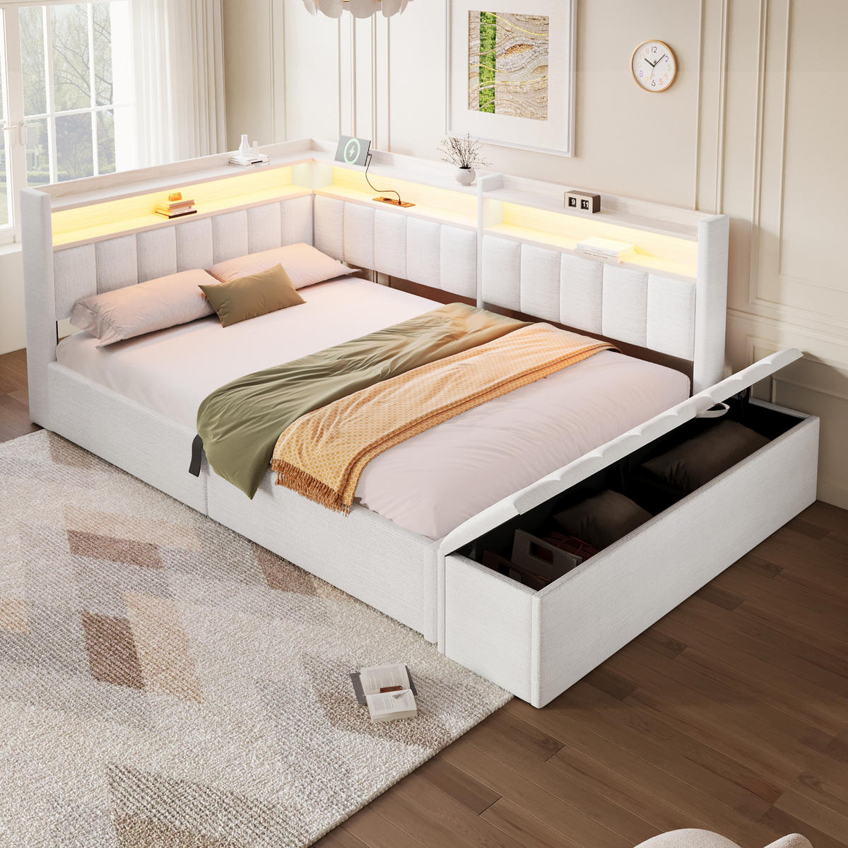 TAGESBETT 140 x 200 cm, Cremeweiß, Samt, LED, USB - Beige, Textil (140/200cm) - FLIEKS