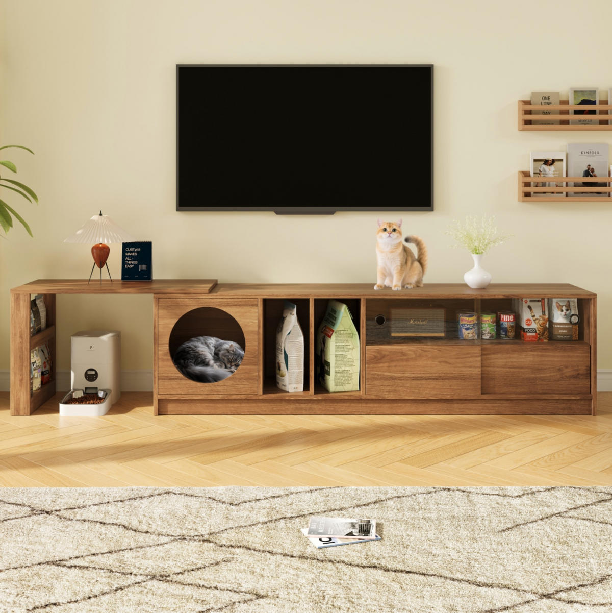 NÍZKÁ komoda z MDF a skla, 180/40/50 cm ořechový, otočný a roztažitelný - barva vlašského ořechu, kompozitní dřevo (180/50/40cm) - BEAOK
