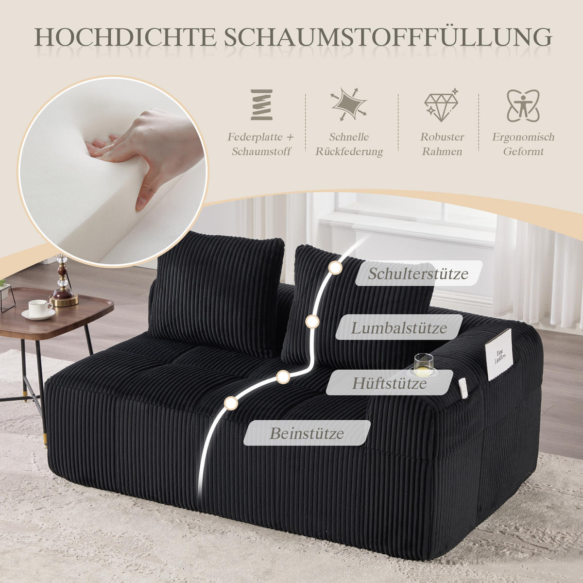 CHAISELONGUE in Cord Übergroßer Relaxsessel mit Seitentaschen - Schwarz, Textil (158/61/93cm) - Urban Meuble