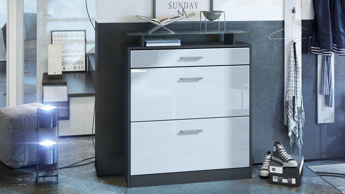 SCHUHSCHRANK Loret Fronten in Weiß Hochglanz - Weiß Hochglanz, Holzwerkstoff (89/104/23cm) - Vladon