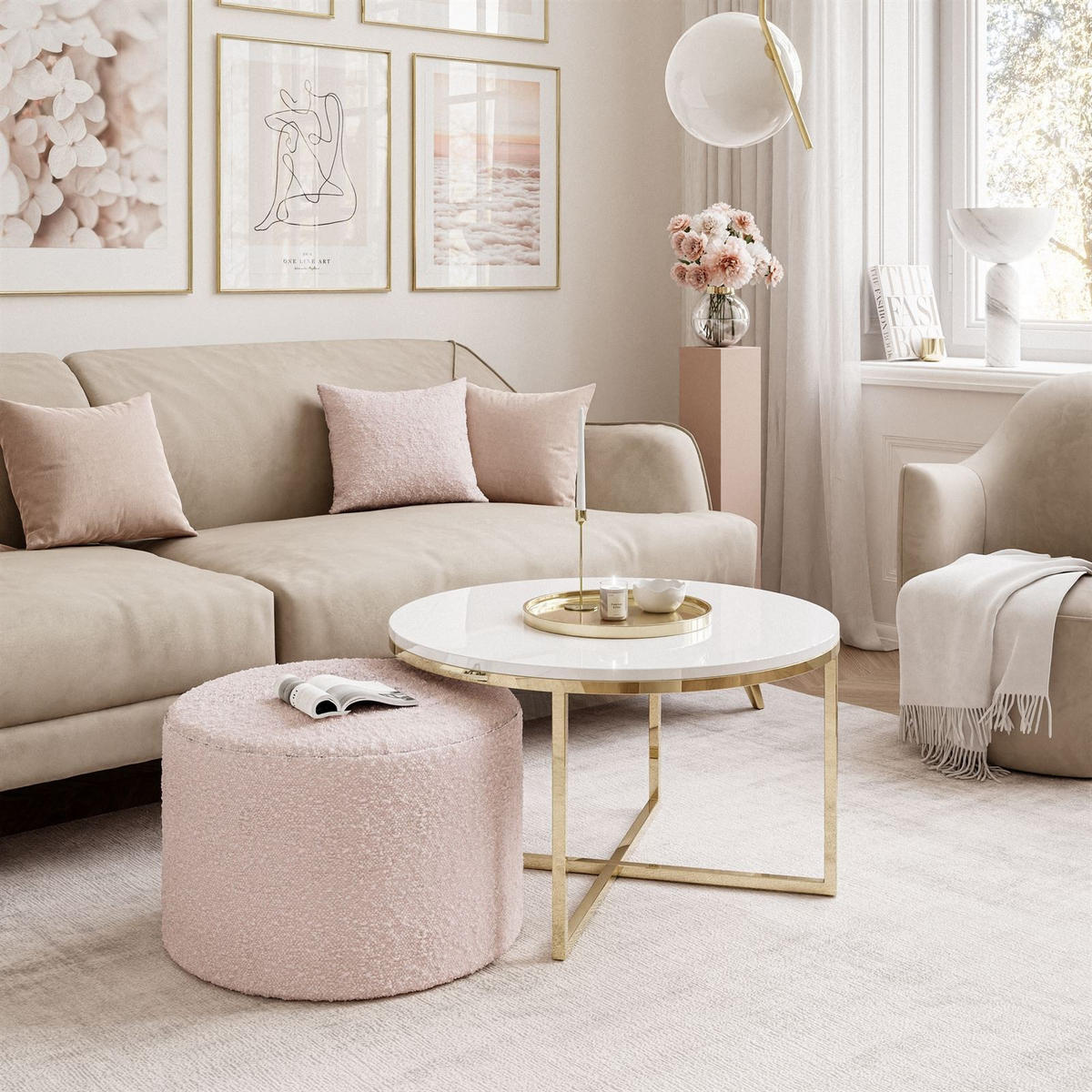 COUCHTISCH CIRI-X mit Hocker Gold Chrom|Weiß Hochglanz|Ascot pink - Weiß Hochglanz/Goldfarben, Holzwerkstoff/Textil (70/70/46cm) - Lookway