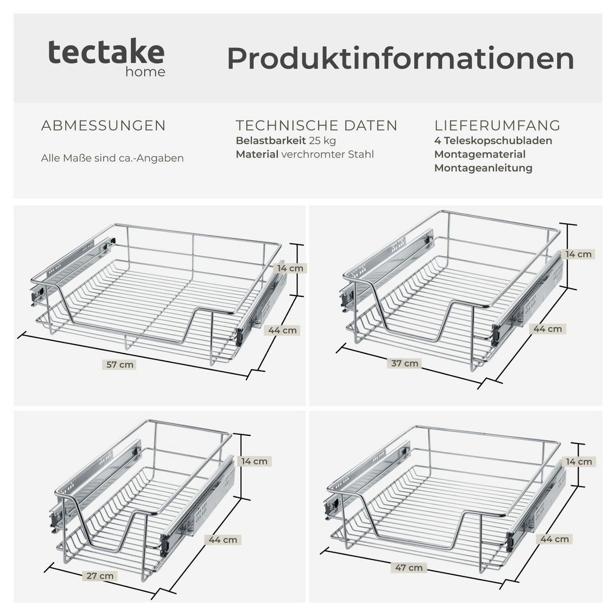 TELESKOPSCHUBLADE 4er Set, einfache Montage,grau - Grau, Metall (57/14/44cm) - tectake