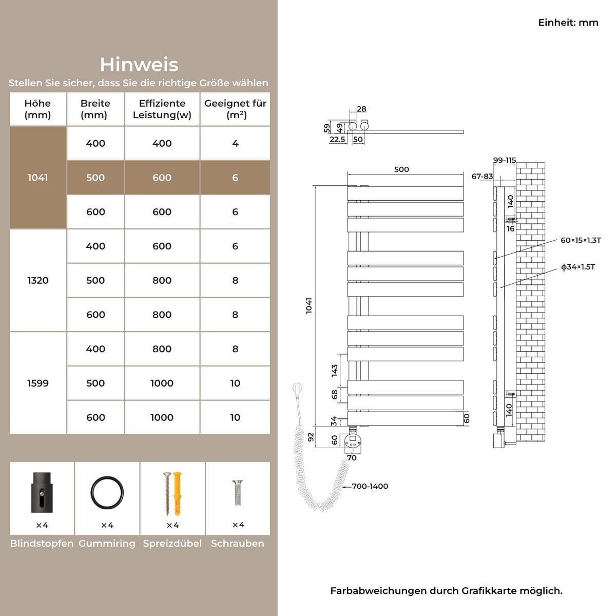 HANDTUCHHEIZKÖRPER 104,1/50 cm anthrazit elektrisch 600 W mit WLAN-Thermostat - Anthrazit, Metall (50/104/5.9cm) - S'AFIELINA