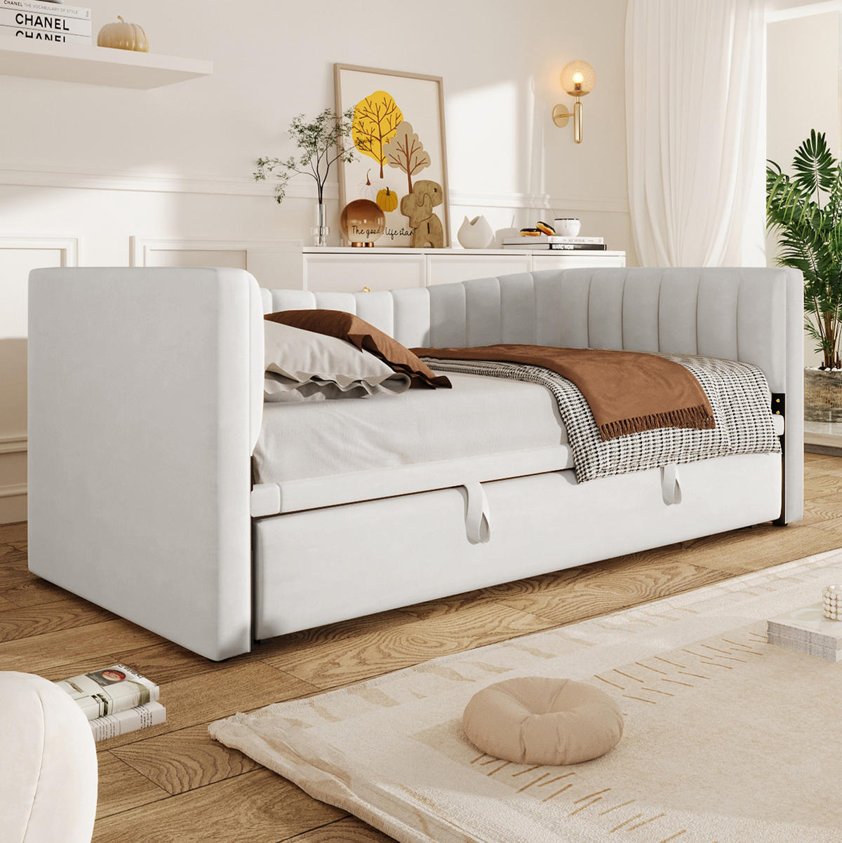 POLSTERBETT aus Samt 90x200 cm Weiß mit ausziehbarem Rollbett und multifunktionalem Daybed-Design - Weiß, Textil (180/200cm) - Modfu