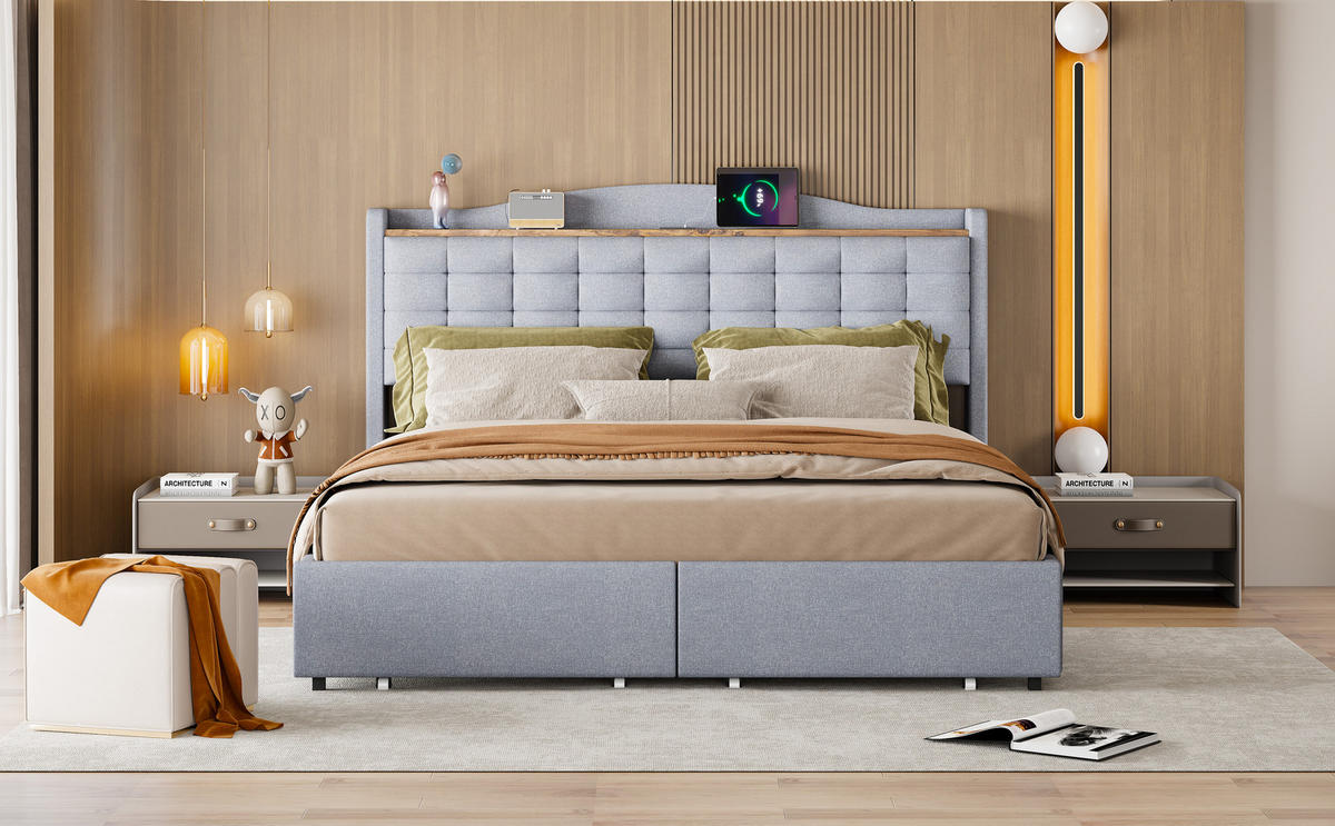 BETT grau 200/166/110 cm - Grau, Textil/Metall (160/200cm) - Urban Meuble
