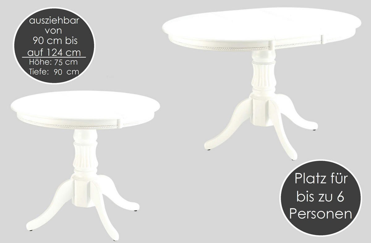 ESSTISCH rund Weiß ausziehbar Echtholzfurnier 90/90/75 cm - Weiß, Holz (90/90/75cm) - designimpex