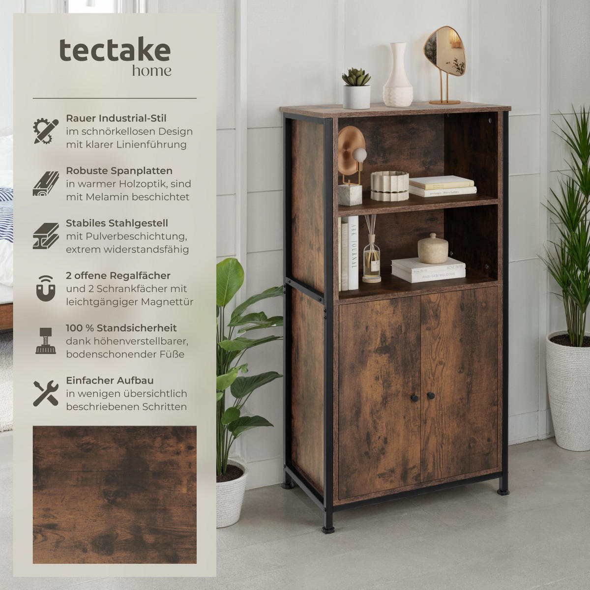 HIGHBOARD Doncaster,mit höhenverstellbaren Füßen, 60 x 38 x 125 cm,Industrial Holz dunkel, rustikal - Rostfarben, Holzwerkstoff (38/125/60cm) - tectake