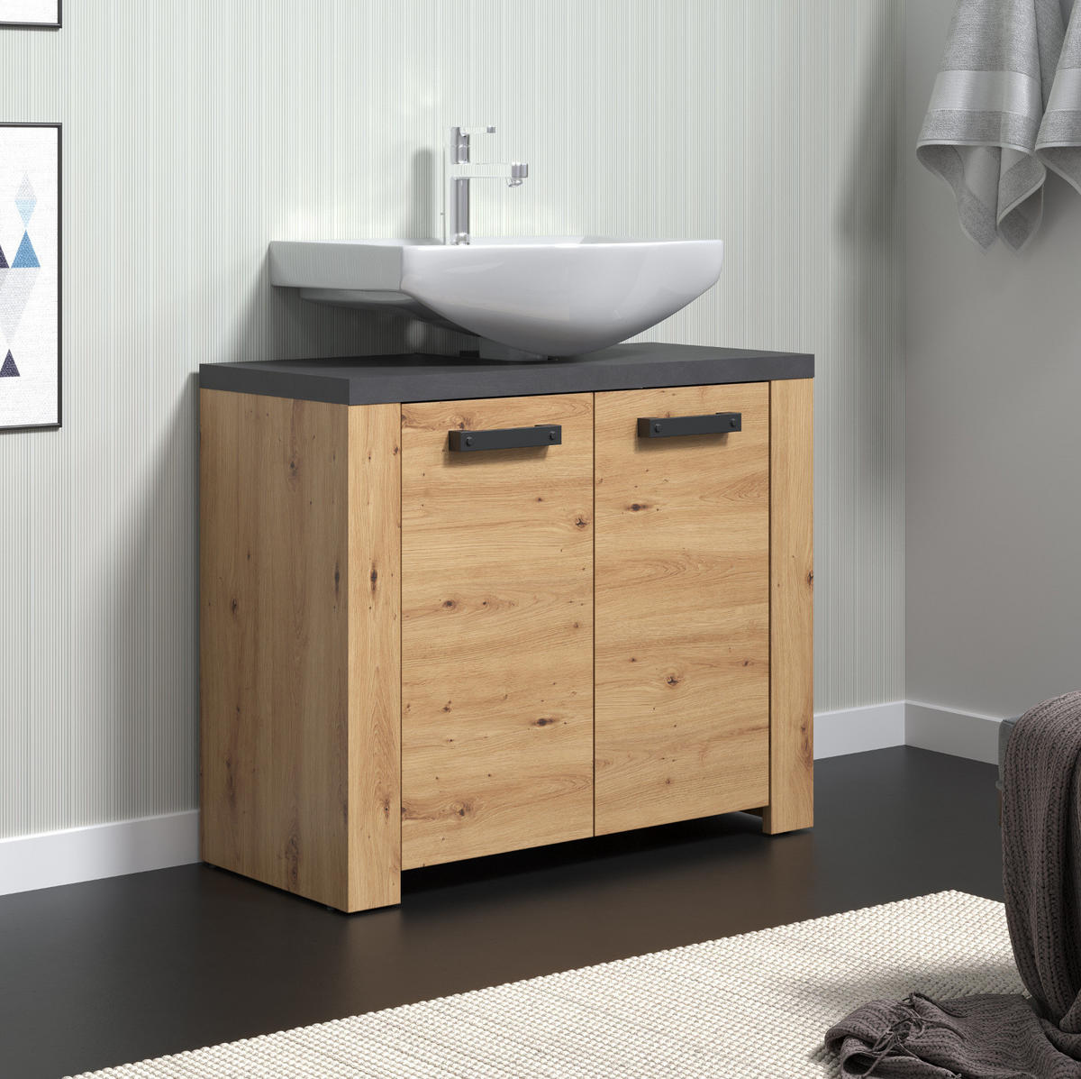 WASCHBECKENUNTERSCHRANK Eiche Artisan, grau 79 x 67 cm, Badezimmer Unterschrank 2-türig - Eichefarben/Schwarz, Holzwerkstoff/Kunststoff (35/67/79cm) - Top.Furn