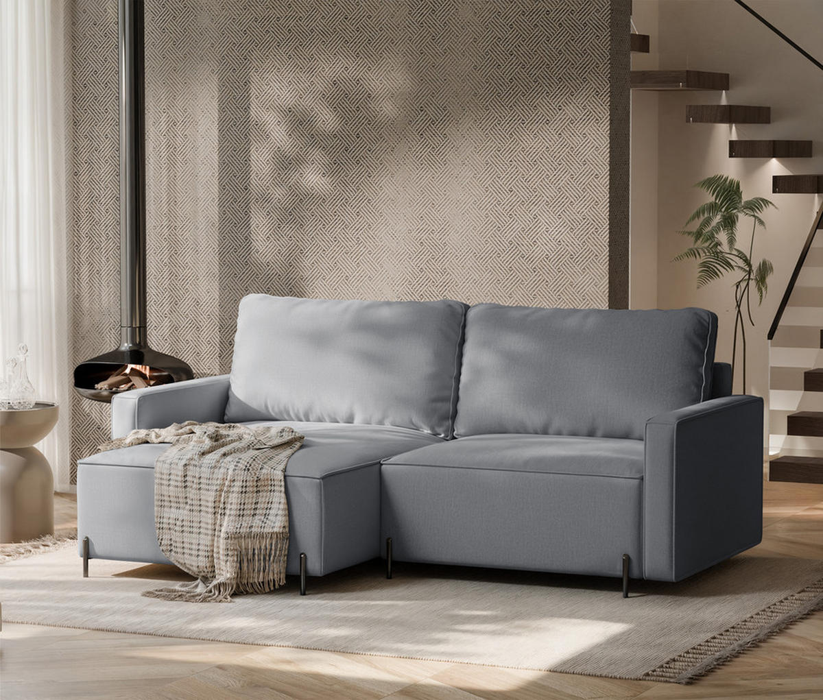 ECKSOFA LEO Links, mit Schlaffunktion und Bettkasten, Grau - Grau, Textil/Metall (229/148cm) - Idohome