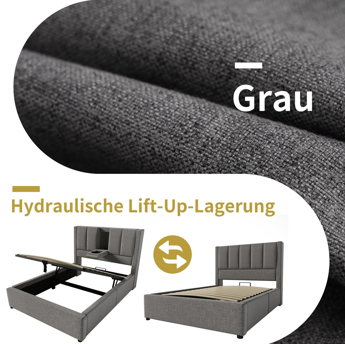 POLSTERBETT 90/200 cm Grau aus Leinen mit Stauraum - Grau, Textil (90/200cm) - OKMYHOME