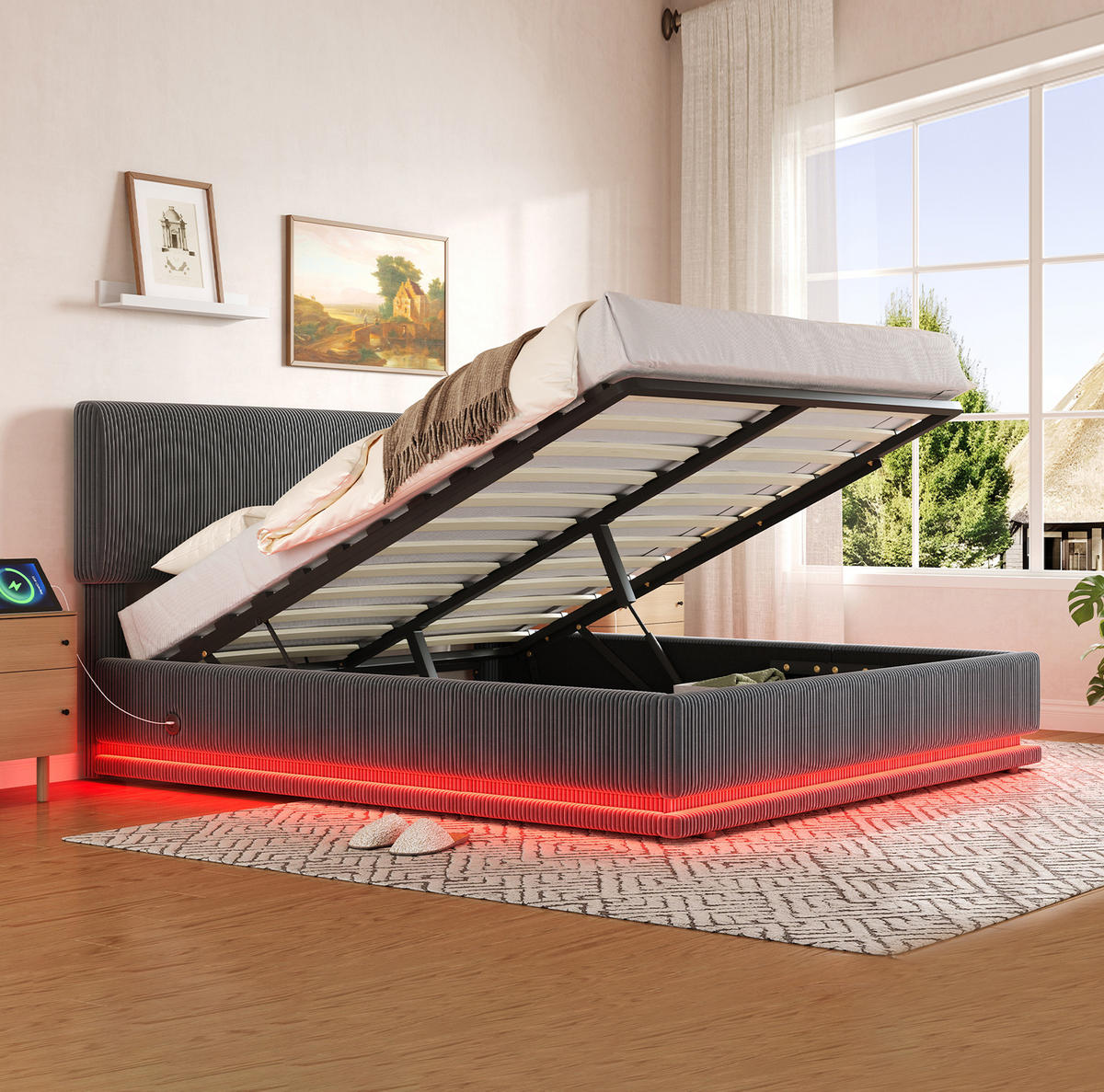 POLSTERBETT mit LED und USB-C 140x200 cm Cord Dark Grey - Dunkelgrau, Metall (140/200cm) - Meubliv