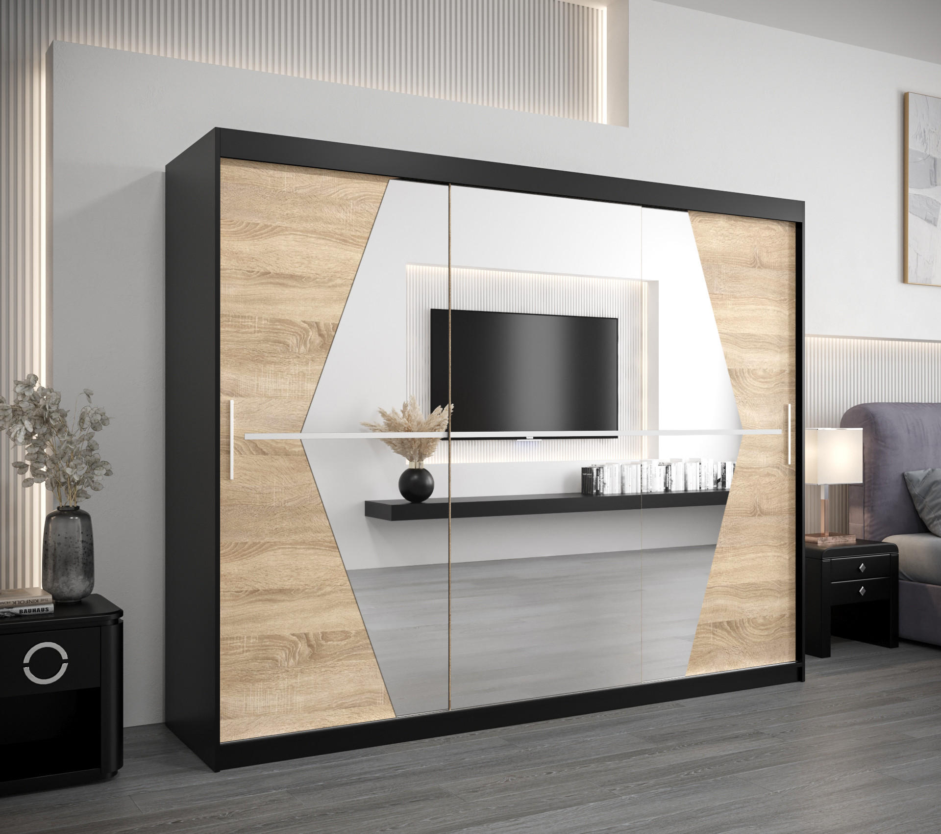 SCHWEBETÜRENSCHRANK 200/250/62 3-türig - Silberfarben/Schwarz, Holz/Kunststoff (250/200/62cm) - Abiks Möbel