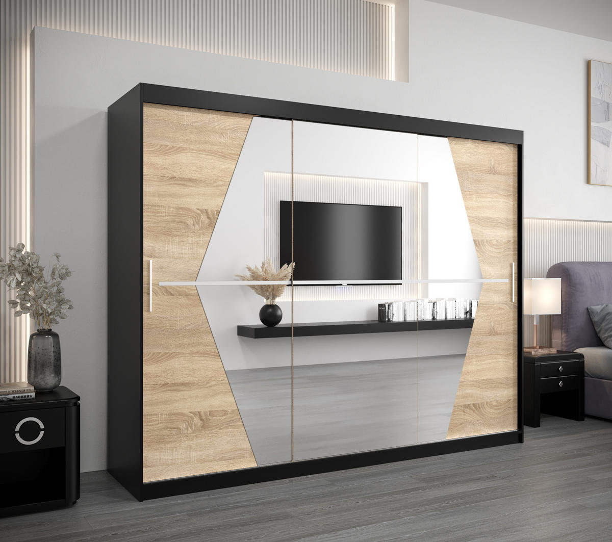 SCHWEBETÜRENSCHRANK 200/250/62 3-türig - Silberfarben/Schwarz, Holz/Kunststoff (250/200/62cm) - Abiks Möbel