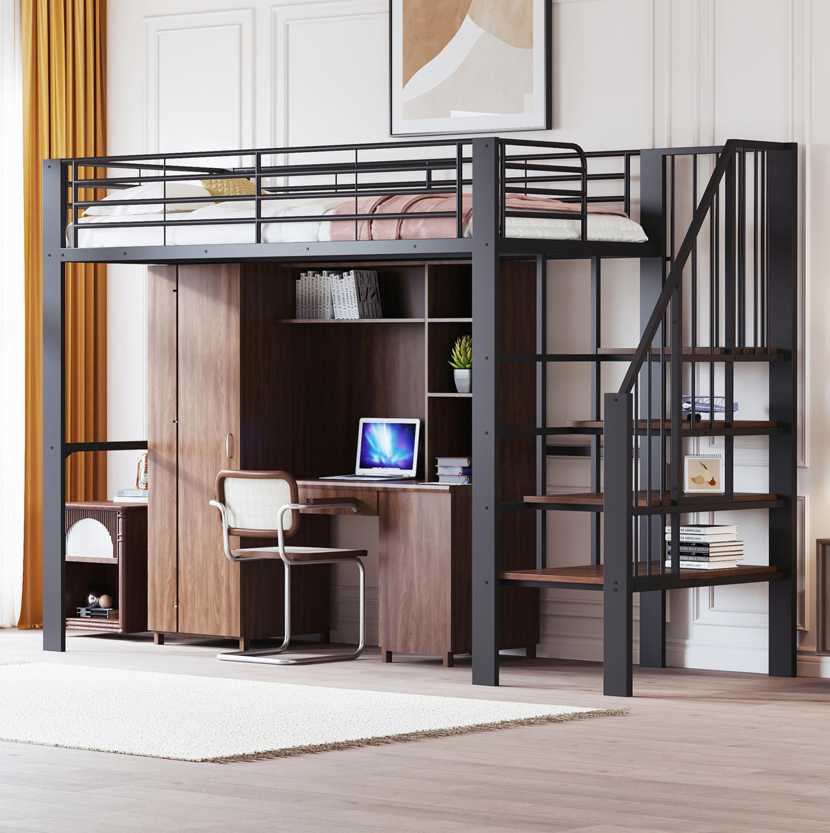 HOCHBETT 90/200 cm in Schwarz aus Metall-Holzwerkstoff – mit Treppe und Stauraum - Schwarz, Metall (90/200cm) - BEAOK