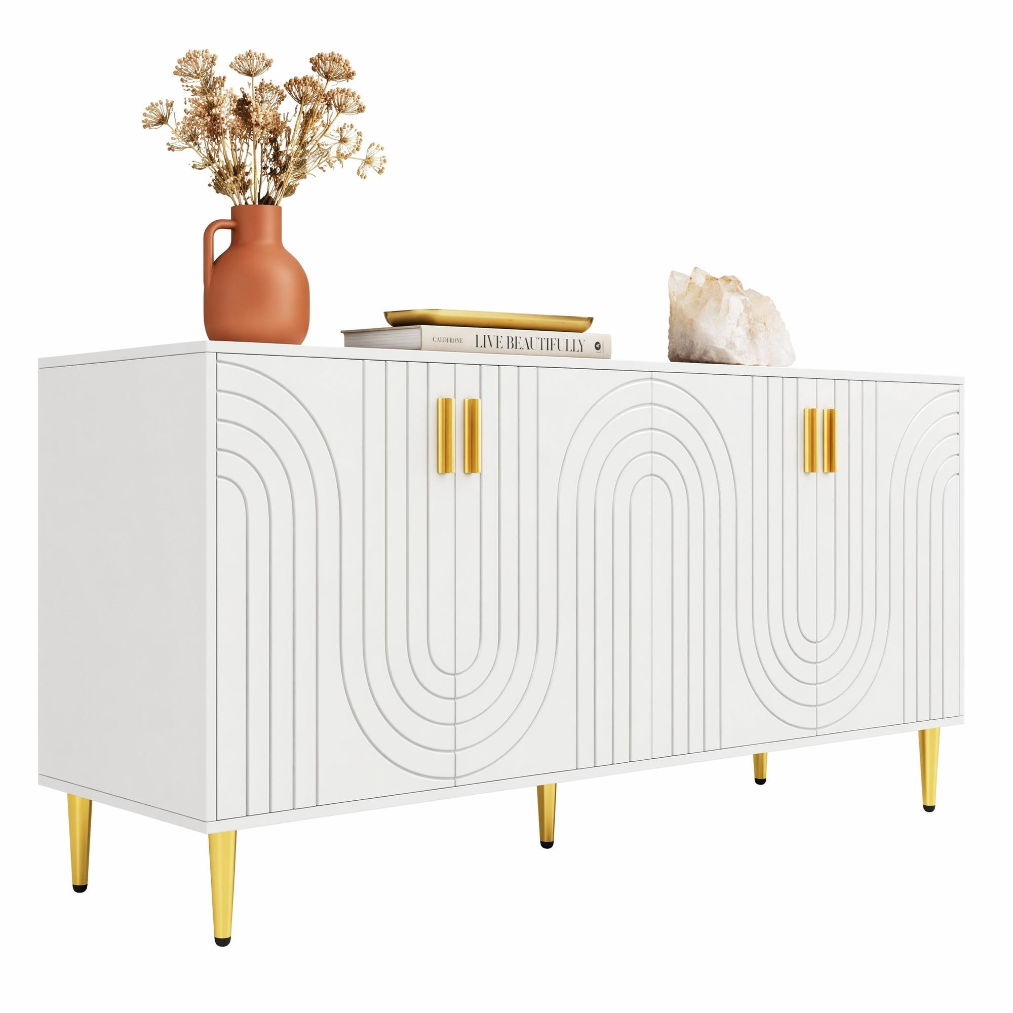 SIDEBOARD in Weiß Anrichte mit einzigartigem Wellendesign und goldenen Griffen für Wohnzimmer, B152/T40/H75 cm - Goldfarben/Weiß, Holzwerkstoff/Metall (152/75/40cm) - STILVORA