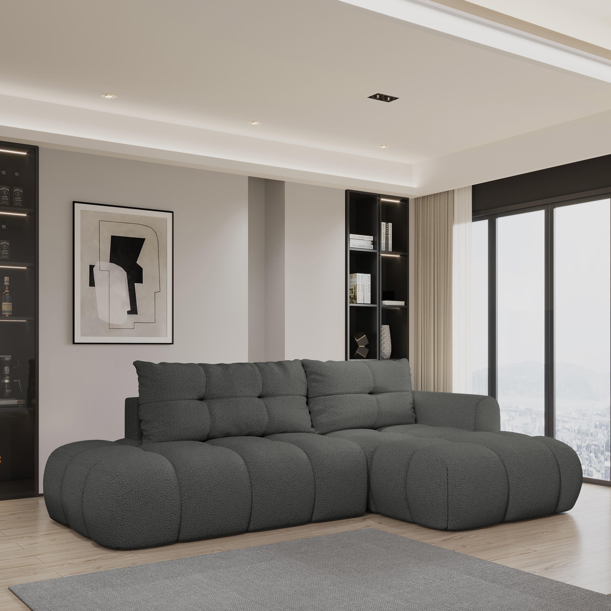 ECKSOFA FLUMA R-S Grau Boucle-Stoff mit Schlaffunktion - Grau, Holz (274/165cm) - MASSENO