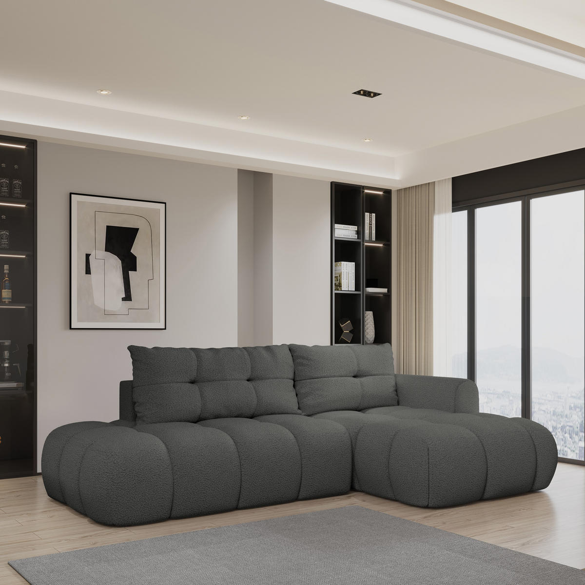 ECKSOFA FLUMA R-S Grau Boucle-Stoff mit Schlaffunktion - Grau, Holz (274/165cm) - MASSENO