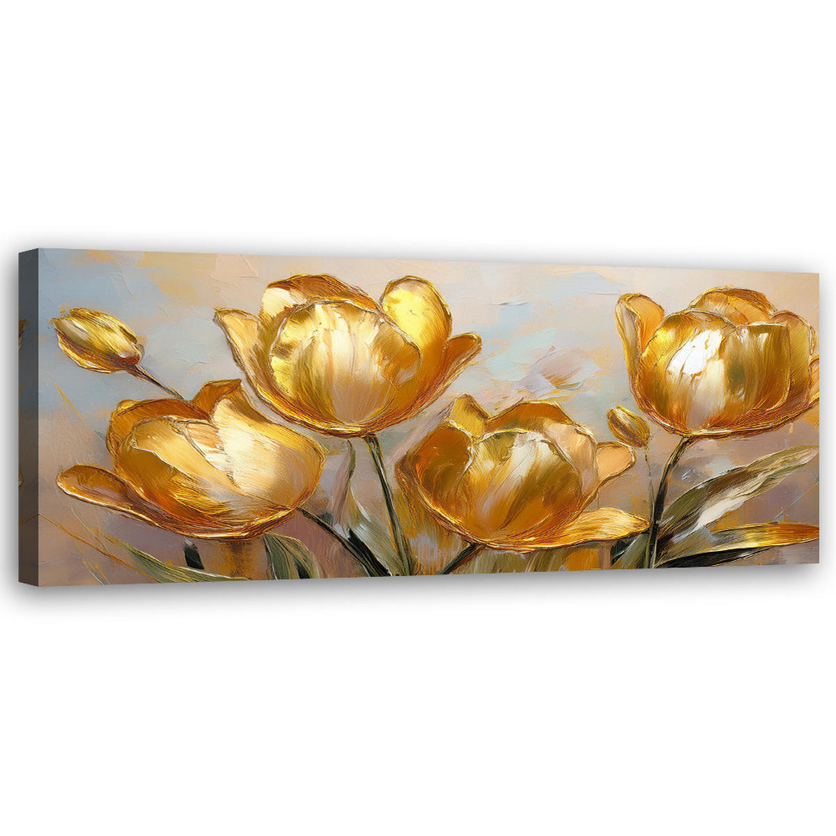 WANDBILD goldene tulpen bemalte blumen - Goldfarben, Textil (90/30cm) - Feeby