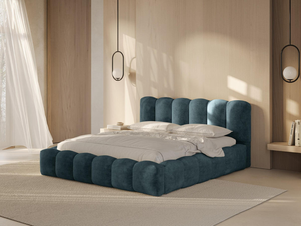 BETT mit Bettkasten und Kopfteil Lupine aus Chenille-Stoff blue jeans 160x200cm - Blau, Textil (160/200cm) - Micadoni