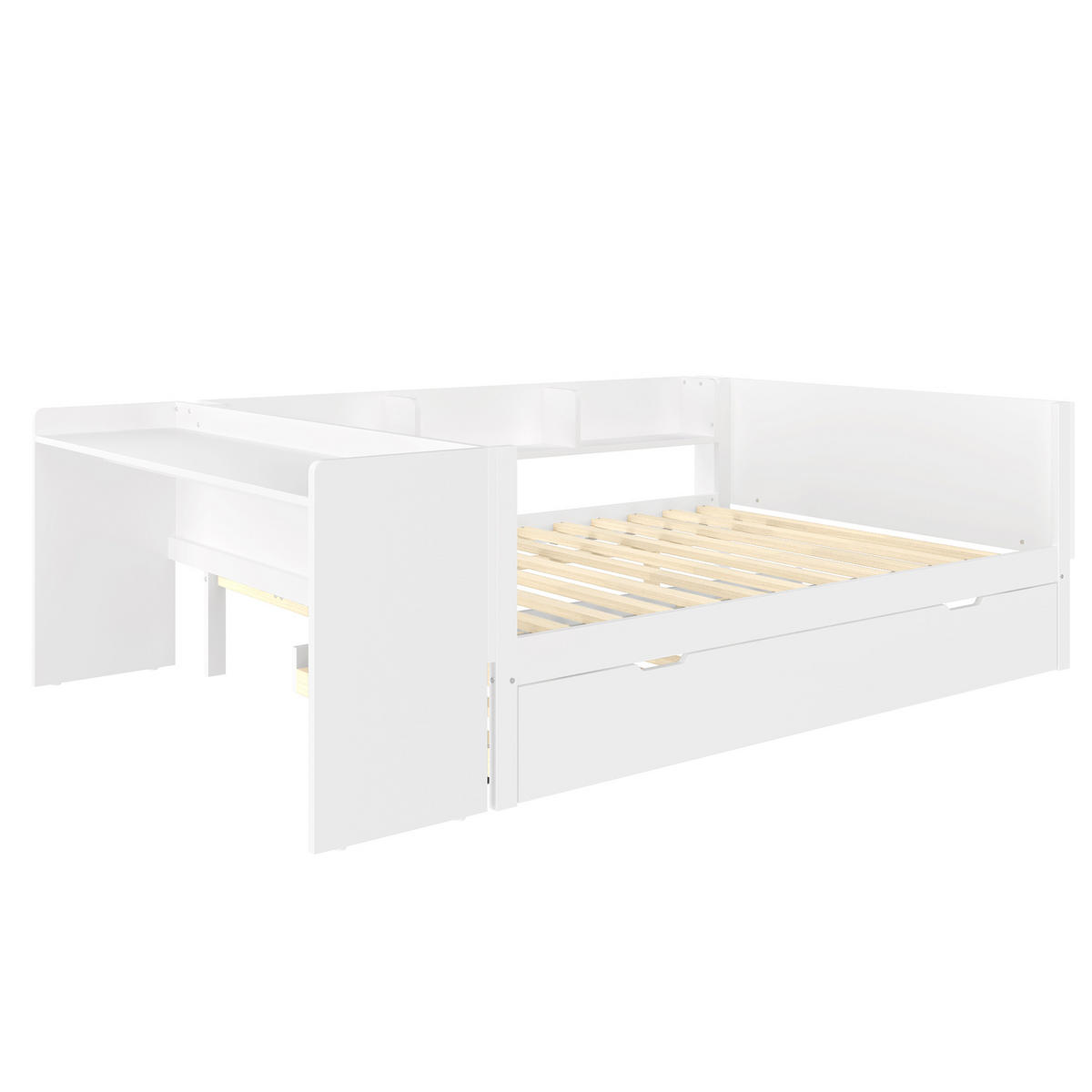 FLACHBETT 140x200cm Weiß Holz Schreibtisch Rollbett Regale - Weiß, Holz (140/200cm) - FLIEKS