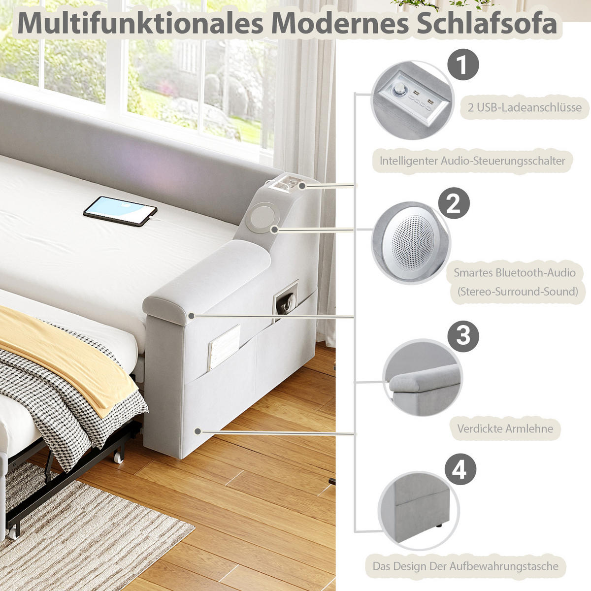 POLSTERBETT 90/180x190 cm Bluetooth USB hellgrau - Grau, Textil (180/190cm) - LEBENLANG