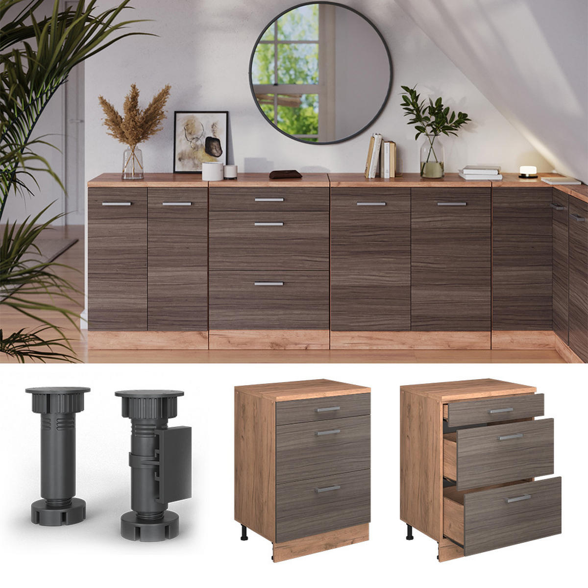 ORMAR ZA POTKROVLJE Rion, Plemenita Siva, 60 x 81.6 cm bez kosine s 3 ladice - hrast medunac/siva, drvni materijal (60/83.8/46cm) - Vicco