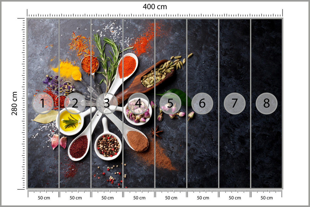FOTOTAPETE für Küche Orientalische Kräuter Gewürze Löffel 400x280 - Gelb/Rot, Papier (400/280cm) - Muralo