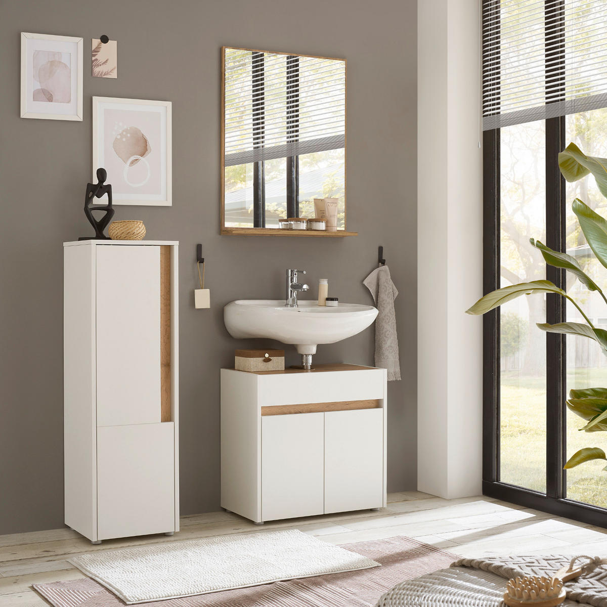 BADMÖBEL-SET 3-teilig weiß, Wotan Eiche, Badkombination 114 cm - Silberfarben/Eiche Wotan, Glas/Holz (116/200/34cm) - Furn.Design
