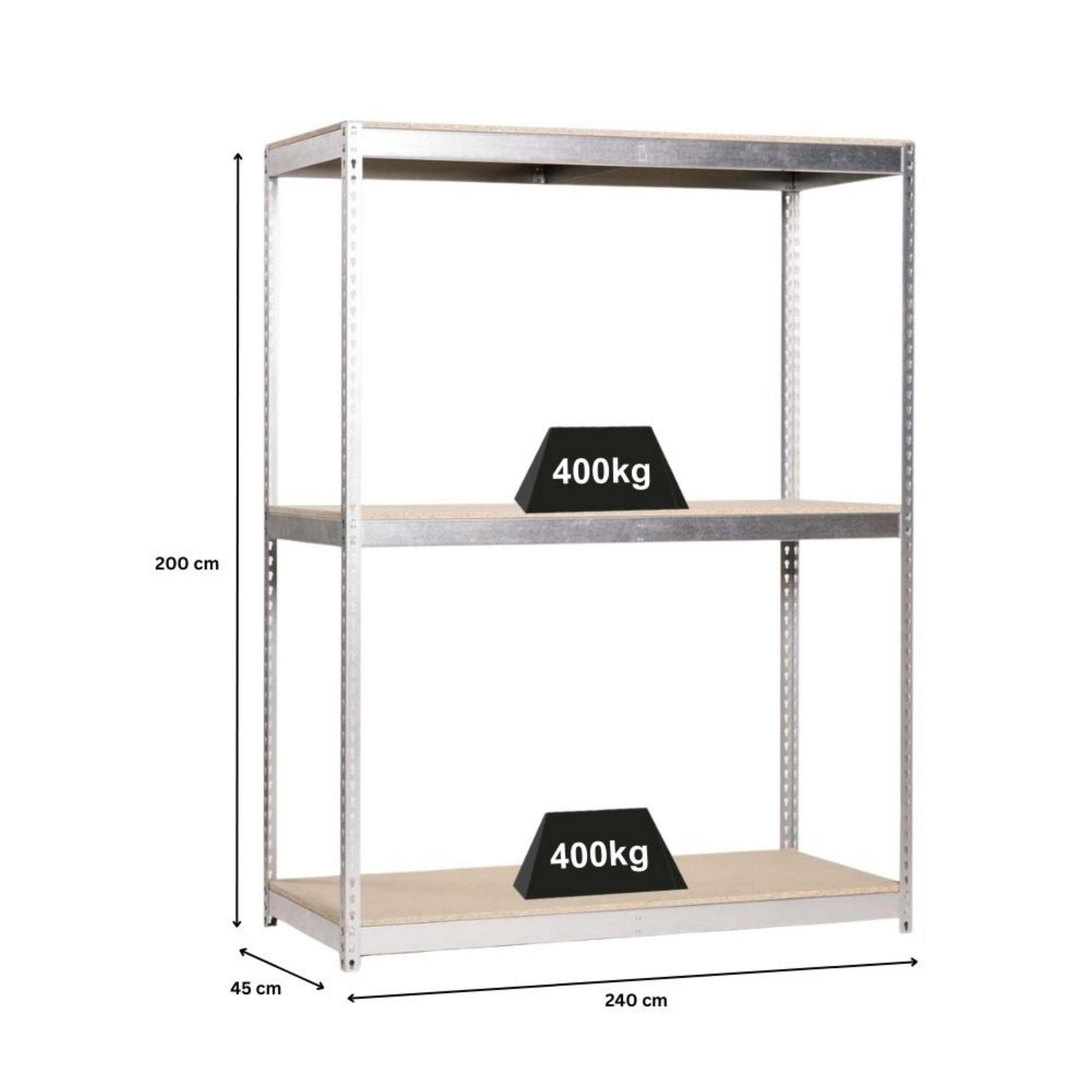 SCHWERLASTREGAL Wood Beast Three HxBxT 200 x 240 x 45 cm 3 Ebenen Fachlast 400 kg Verzinkt - Silberfarben, Metall (240/200/45cm) - PROREGAL