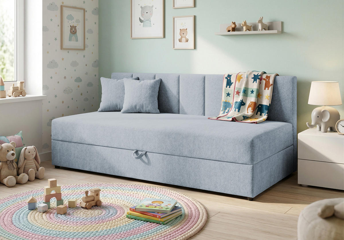 TAGESBETT Lenny mit Rückenlehne und großem Bettkasten aus Hellblau Chenille-Stoff - Schwarz/Hellblau, Holz/Kunststoff (90/200cm) - S-Style Möbel