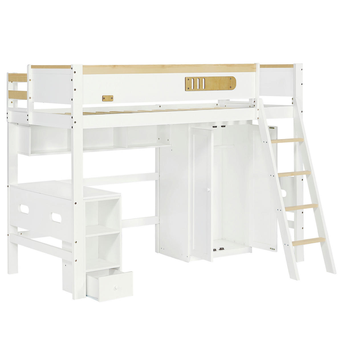 ETAGENBETT 90/200 cm, Weiß/Natur mit Tisch und Kleiderschrank - Weiß, Holz (90/200cm) - MIVRAY