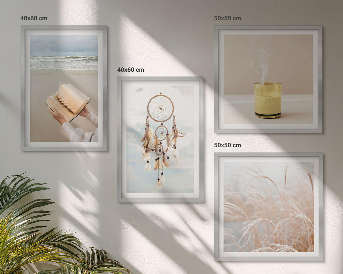 WANDBILDER 4er Set - 50x50 cm & 40x60 cm Silberner Rahmen - Sommerlandschaften im Boho-Stil - Silberfarben, Kunststoff (50/50cm) - ArtPrintCave