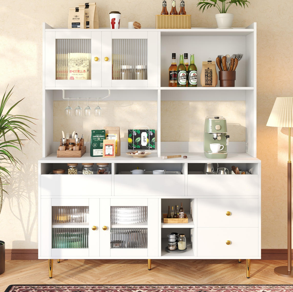 SIDEBOARD aus MDF 145x39x171 cm Weiß mit Changhong-Glastüren, Weinregal und Schubladen - Weiß, Holzwerkstoff (145/171/39cm) - IVMEU