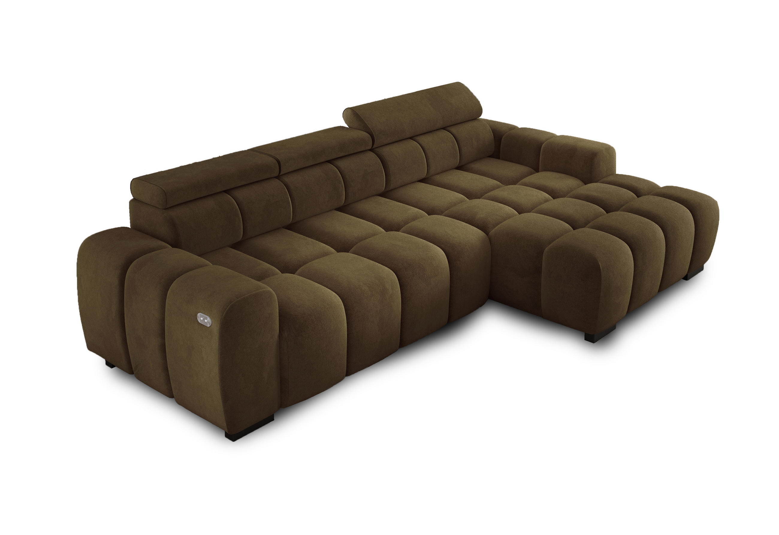 ECKSOFA OMBO 285x168x77/97 cm, Rechts, Schlaffunktion, elektr. Sitz, Kopfstützen, Buche dunkel, hydrophober SALVADOR-Stoff – Dunkelblau - Olivgrün, Holz/Textil (285/168cm) - DomoHome