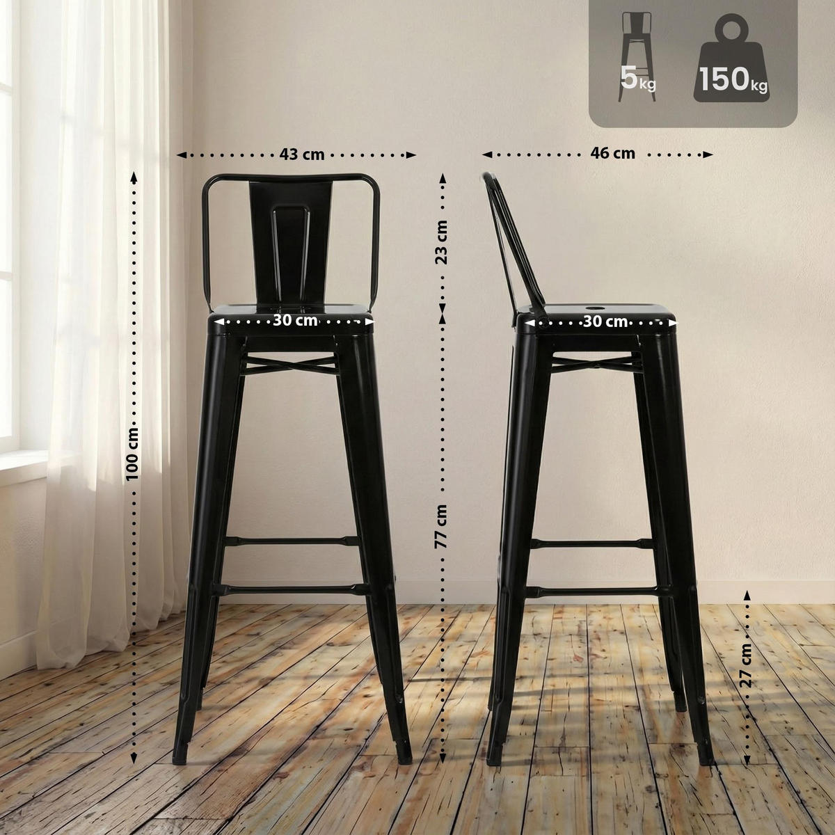 BARHOCKER Mason 2er Set 96x44x43 cm schwarz - Schwarz, Metall (44/96/43cm) - furnicato