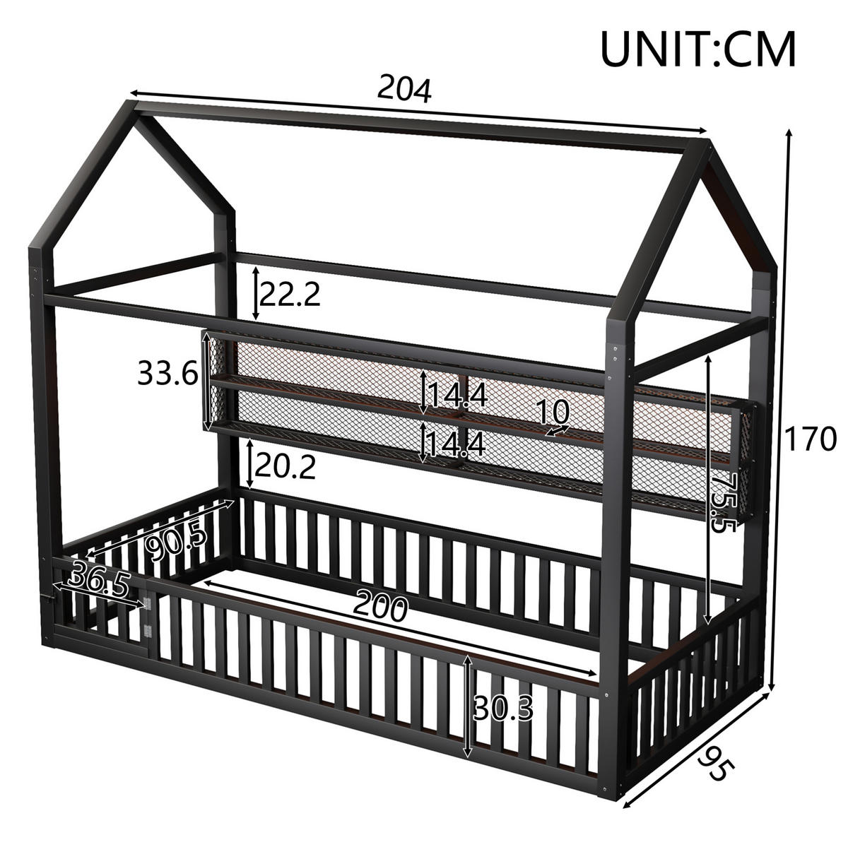 KINDERBETT 90/200 cm mit LED-Beleuchtung, Sicherheitszaun und Hausform aus Metall, Schwarz - Schwarz, Metall (90/200cm) - Redom