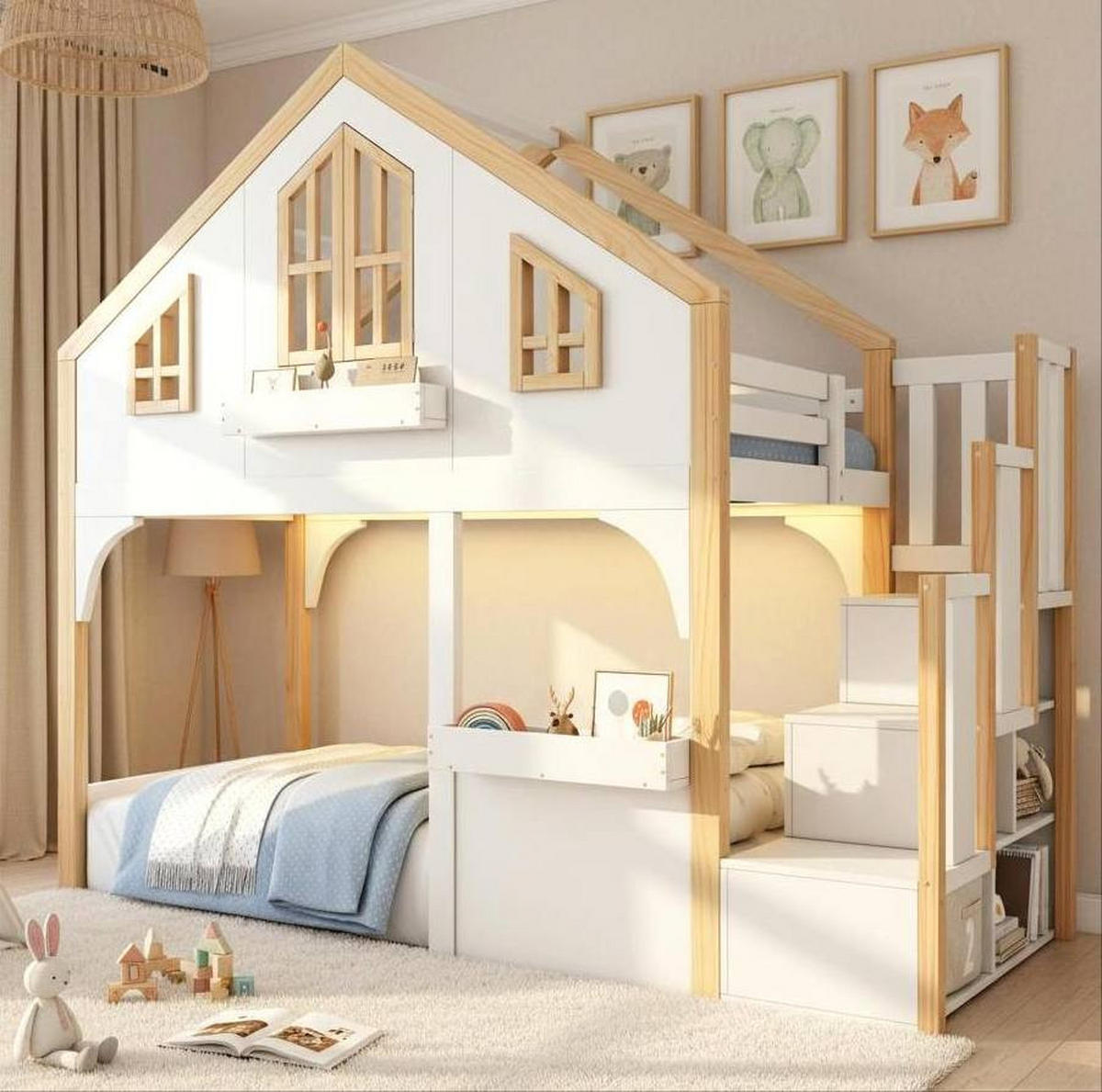 ETAGENBETT mit Stauraumtreppe und LED 90x200 cm Kiefernholz Weiß - Weiß, Holzwerkstoff (90/200cm) - Beauniv