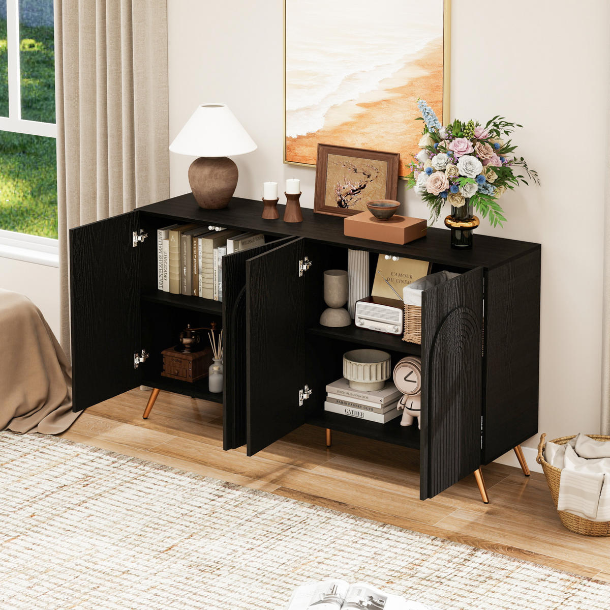 SIDEBOARD aus Holzwerkstoff 150x38x83 cm Schwarz mit verstellbaren Einlegeböden, 3D-Vertikalrillen und Bogentüren - Schwarz, Holzwerkstoff (150/83/38cm) - Modfu