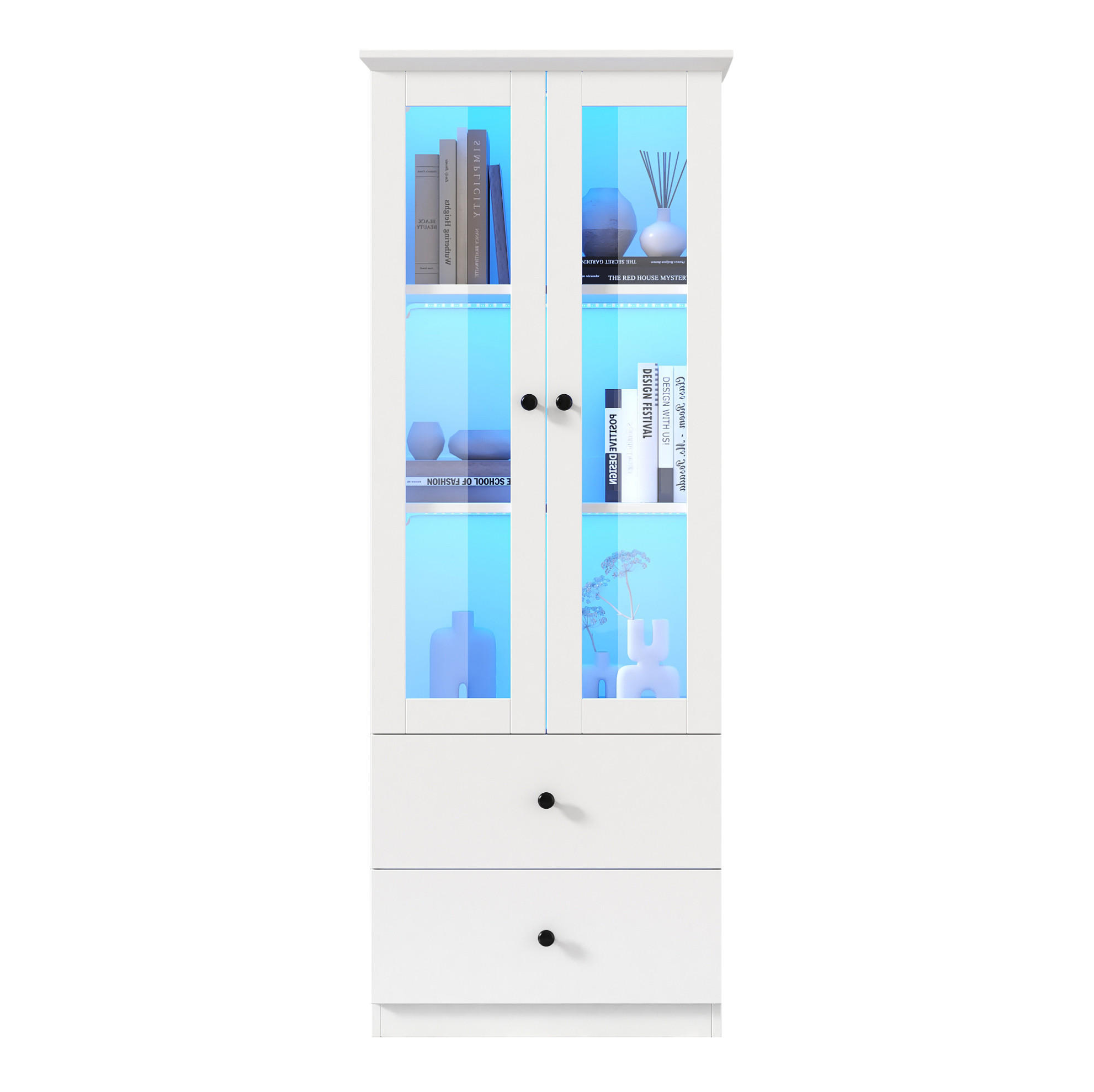 VITRINE 60/35,5/165 cm aus MDF und Holzwerkstoff mit LED-Beleuchtung und 2 Schubladen Weiß - Weiß, Holzwerkstoff (60/165/35.5cm) - Modenvie