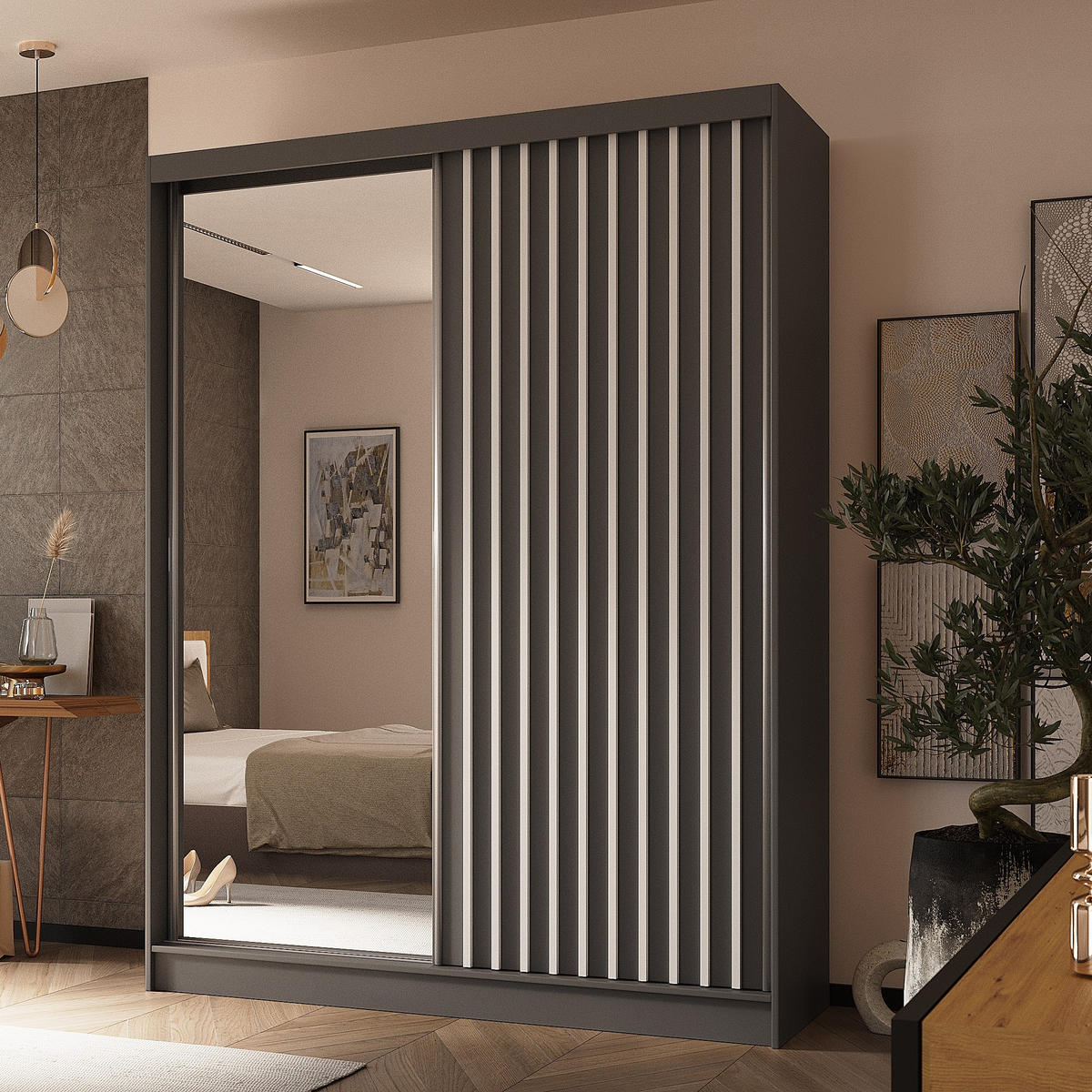 SCHWEBETÜRENSCHRANK LAMELLO 160/216/61 cm 2-türig mit Spiegel Grau - Grau, Holzwerkstoff (160/216/61cm) - MASSENO