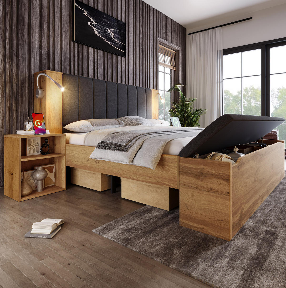 POLSTERBETT 160x200 cm in Eiche mit USB & Leselampen - Eichefarben, Holzwerkstoff (160/200cm) - Modfu