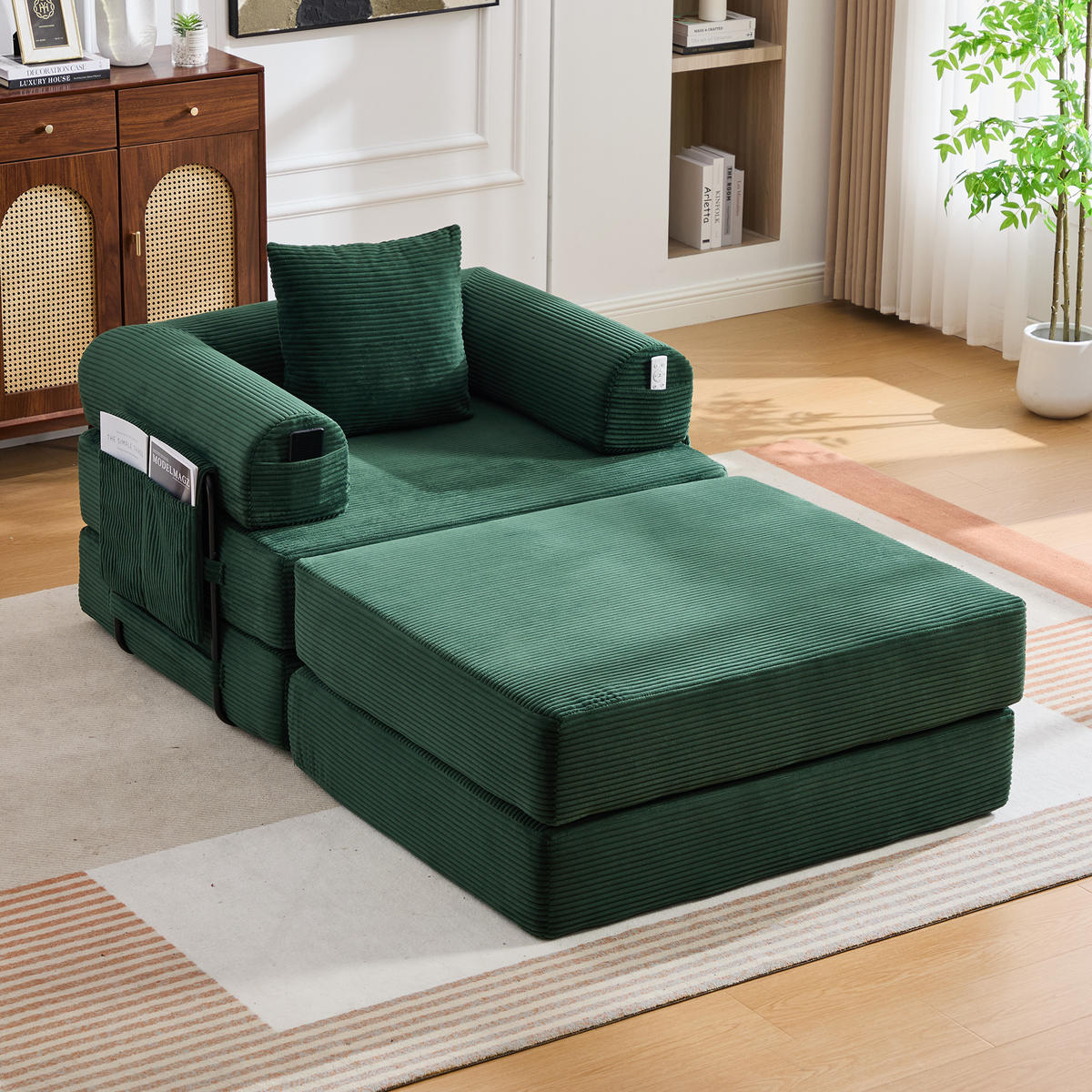 SOFA Cord Smaragdgrün mit Hocker und Kissen - Smaragdgrün, Textil/Metall (112/67/190cm) - WISHDOR