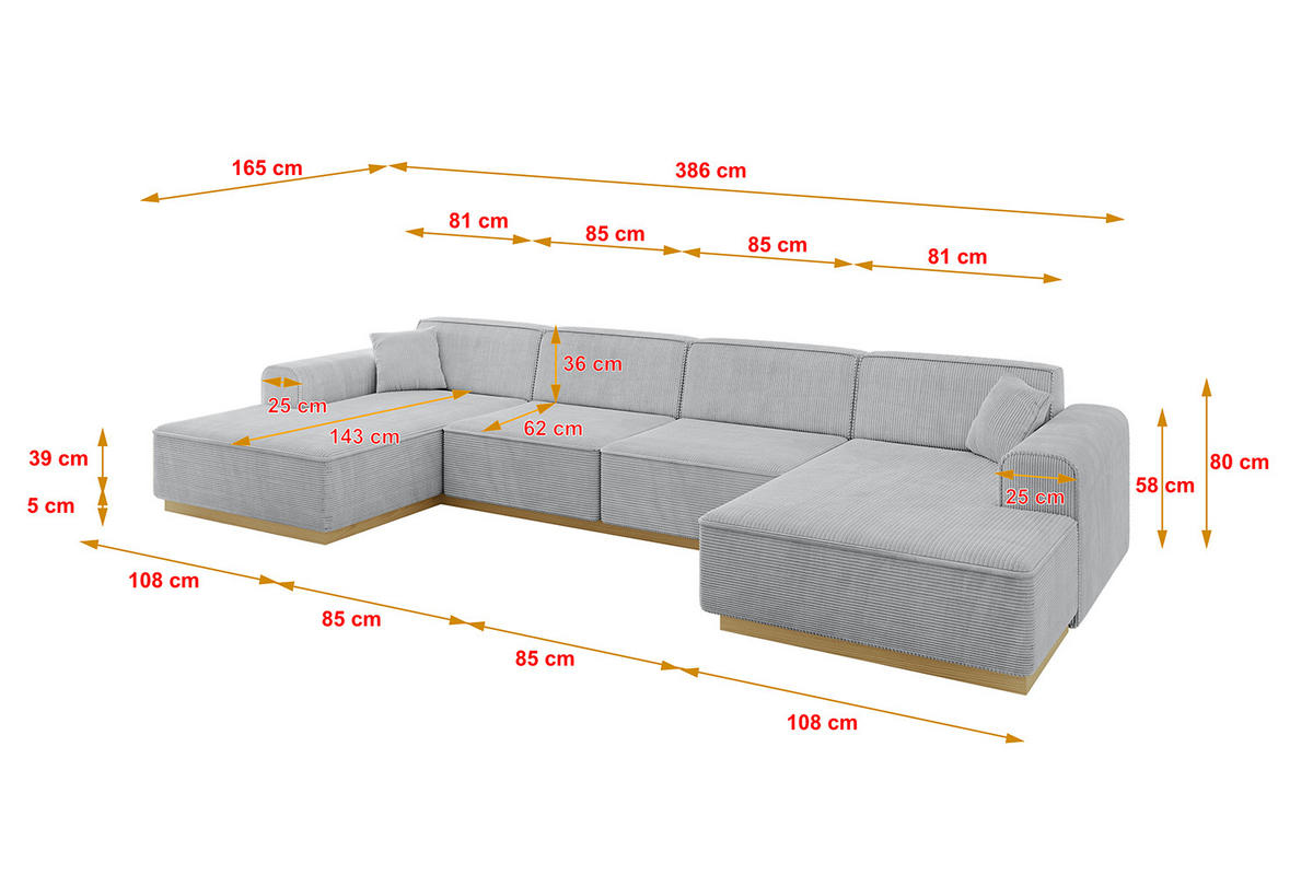 WOHNLANDSCHAFT IREA-U2-v2 - 386x165x80 cm Grau - Grau, Holzwerkstoff/Textil (386/80/165cm) - ALTDECOR