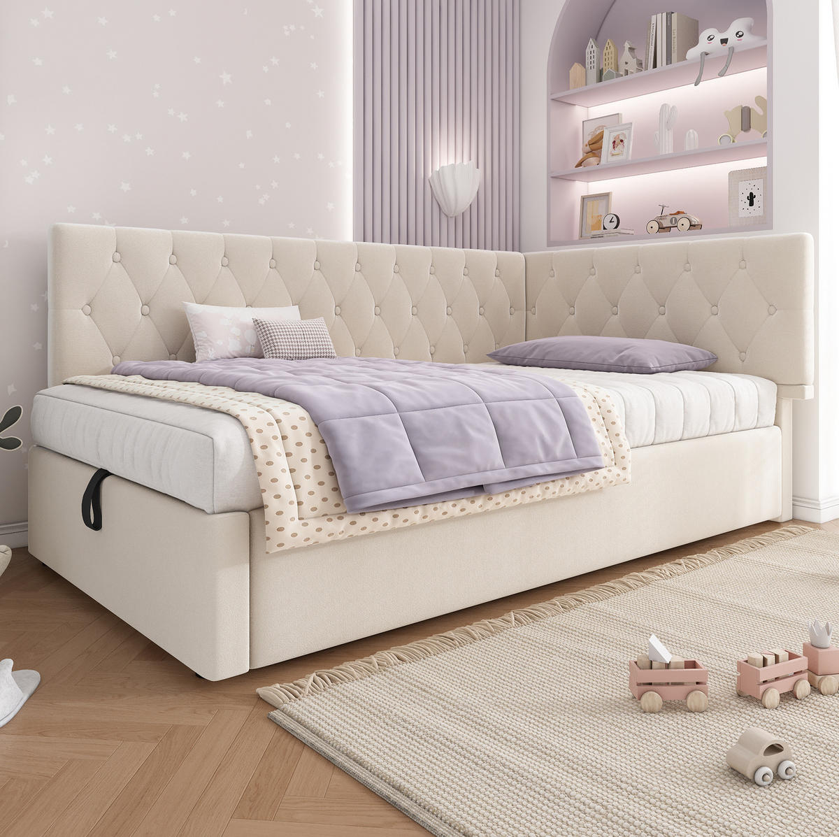 POLSTERBETT 90/190 cm aus Samt in Beige mit Stauraum und Lattenrost - Beige, Textil (90/190cm) - Flora Grace